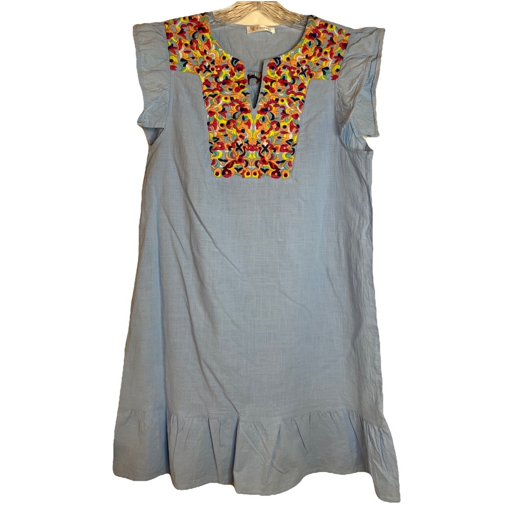 Kirundo Dress Blue Embroidered Boho Flutter Sleeve Sundress Size Large - Picture 1 of 8